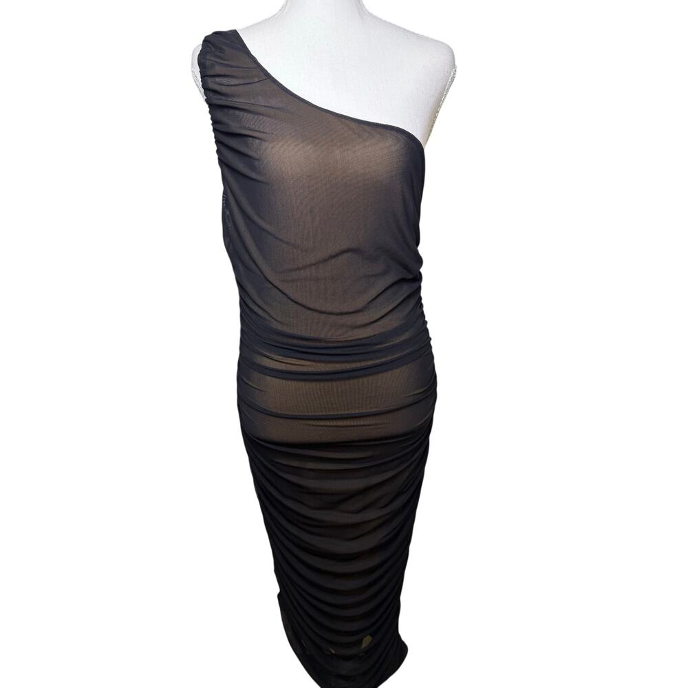 Lulus Black Sheer Mesh One Shoulder Ruched Bodycon Maxi Dress